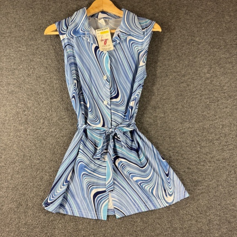 Vintage 70s NWT Hometown Belted Tunic Shirt Womens M‎ Blue Psychedelic